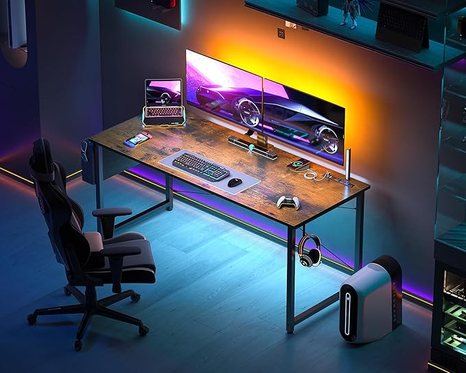 AODK 55 inch Small Computer Desk with Power Outlet for Small Spaces Home Office Student Laptop PC Writing Desks with Storage Bag Headphone Hook, Vintage - LeafyLoom