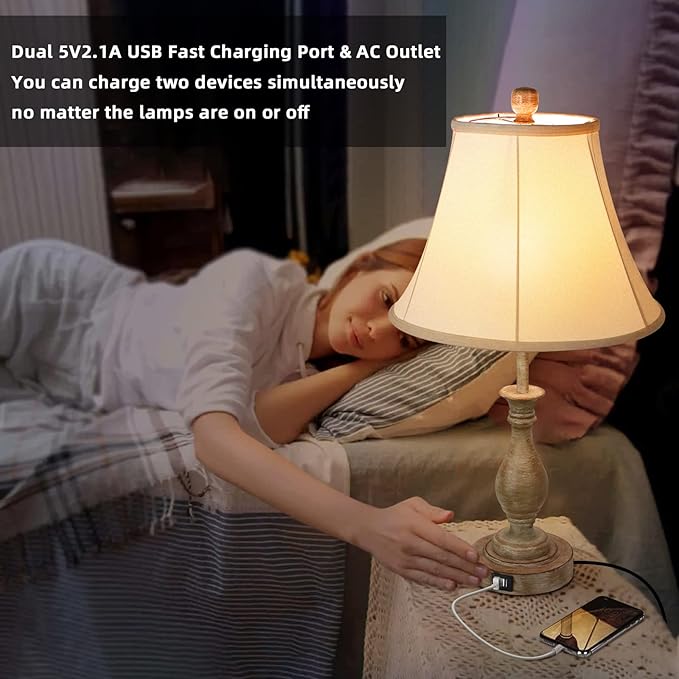 Farmhouse Table Lamp Touch Control 3-Way Dimmable Table Lamp, Modern Nightstand Lamp with 2 USB Port Bedside Desk Lamp with Fabric Shade for Living Room Bedroom Hotel (Pack-001) - LeafyLoom