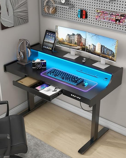 Vabches Standing Desk with Charging Station and LED Lights Adjustable Standing Desk with Drawer, Electric Adjustable Height Desk with Monitor Stand Sit Stand Home Office Desk, Black - LeafyLoom