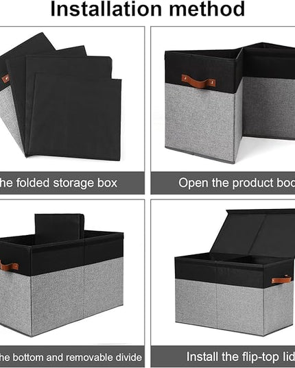 Large Toy Storage Box with Lid, Sturdy Toys Storage Chest Bin Organizer Basket with Dividers for Kids, Boys, Girls, Nursery, Closet, Bedroom, Playroom 25"x13" x16" (Black and Grey) - LeafyLoom