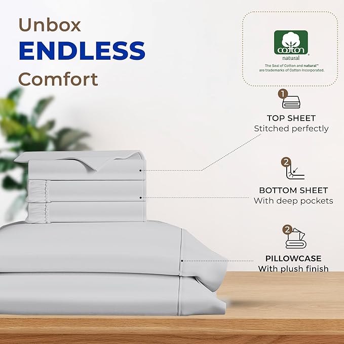 THREAD SPREAD 100% Egyptian Cotton Split King Sheets Sets for Adjustable Bed - 600 Thread Count 5 PC Top Split King Sheets, 16" Deep Pocket Soft Cooling Sheets for Split King Adjustable Bed - Silver - LeafyLoom