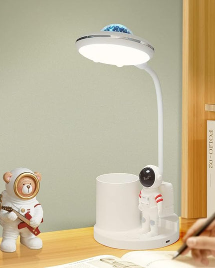 LED Desk Lamp for Kids, Astronaut cute Small Desk Lamp with USB Charging Port, Pen Holder, projection night lights for kids, White desk Lamp, Eye-Caring Study Table Lamp for boys Bedroom - LeafyLoom