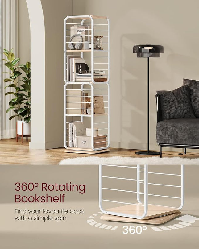 VASAGLE 4-Tier Rotating Bookshelf, Bookcase with Bookends for Small Spaces, Corner Shelf, Steel Frame, Natural Beige and Cloud White ULLS127W67 - LeafyLoom