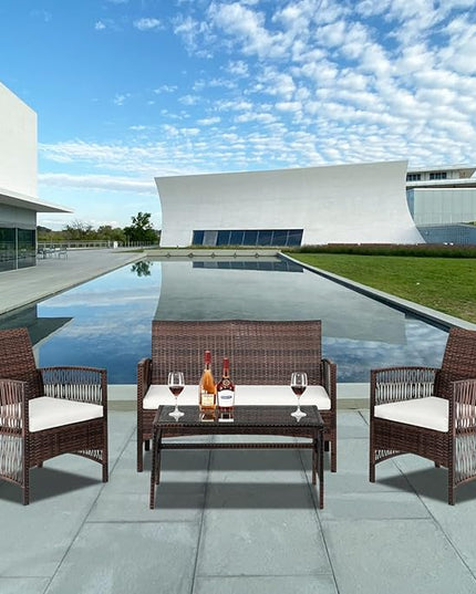 Outvita 4 Pieces Patio Furniture Set, Rattan Conversation Sets with Loveseat Soft Cushion and Glass Table for Garden Backyard Balcony Porch Poolside (Brown) - LeafyLoom