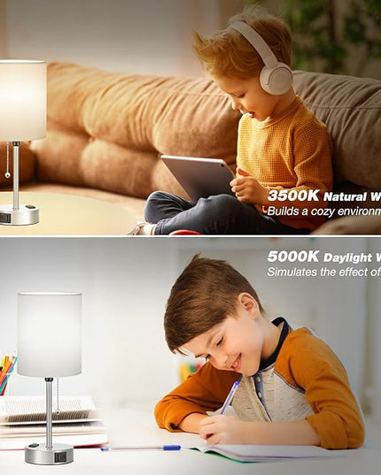 Dicoool White Bedside Lamp for Bedroom - 3 Color Temperatures Desk Lamp with USB C and A Ports, Pull Chain Table Lamp with AC Outlet, Nightstand Lamp with Silver Metal Base for Kids Girls - LeafyLoom