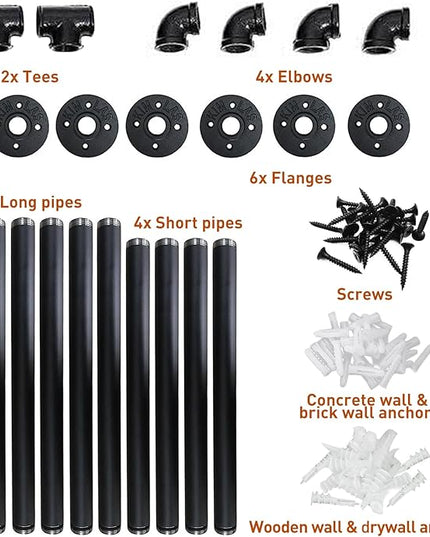 HITOMEN Industrial Iron Pipe Shelves, 2 Set 3-Tier, 28" Tall, 12" Depth, DIY Open Bookshelf Bookcase, Wall Mounted Vintage Retro Shelving, Rustic Farmhouse Pantry Kitchen Storage, Black Shelf Brackets - LeafyLoom