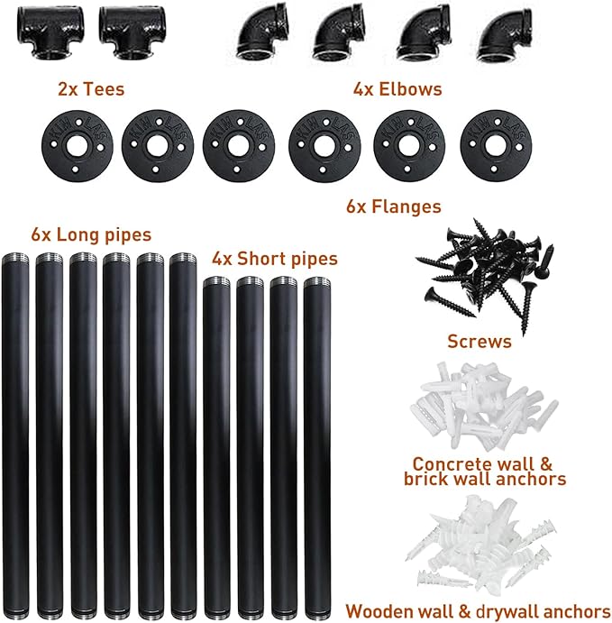 HITOMEN Industrial Iron Pipe Shelves, 2 Set 3-Tier, 28" Tall, 12" Depth, DIY Open Bookshelf Bookcase, Wall Mounted Vintage Retro Shelving, Rustic Farmhouse Pantry Kitchen Storage, Black Shelf Brackets - LeafyLoom