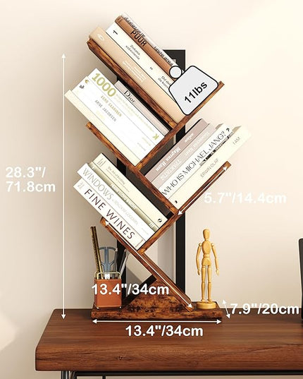Yusong Tree Bookshelf, 5-Tier Small Bookcase with Metal Frame, Geometric Floor Standing Books Shelves Wooden Shelf for Office Desk Bedroom Tabletop Living Room Rustic Brown - LeafyLoom