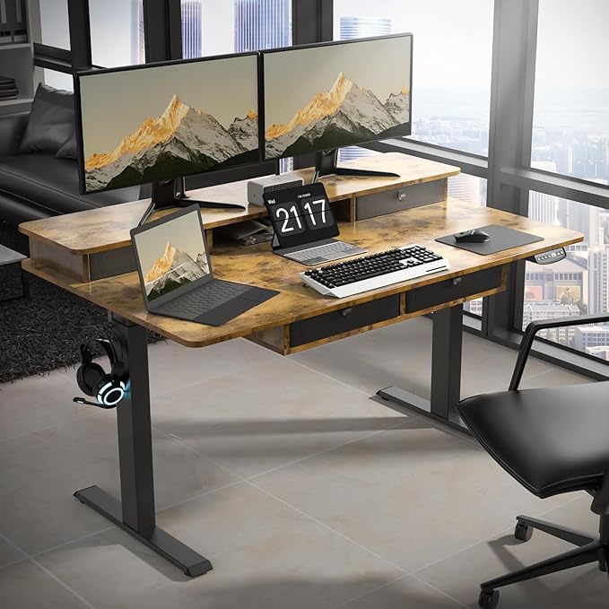55 * 30 Inches Electric Standing Widened Desk Adjustable Height with 4 Drawers, Double Storage Shelves Stand Up Desk, Home Office Workstation Sit Stand up Desk (Rustic Brown) - LeafyLoom