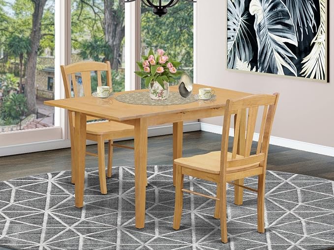 East West Furniture NODL3-OAK-W Norfolk 3 Piece Room Set Contains a Rectangle Kitchen Table with Butterfly Leaf and 2 Dining Chairs, 32x54 Inch - LeafyLoom