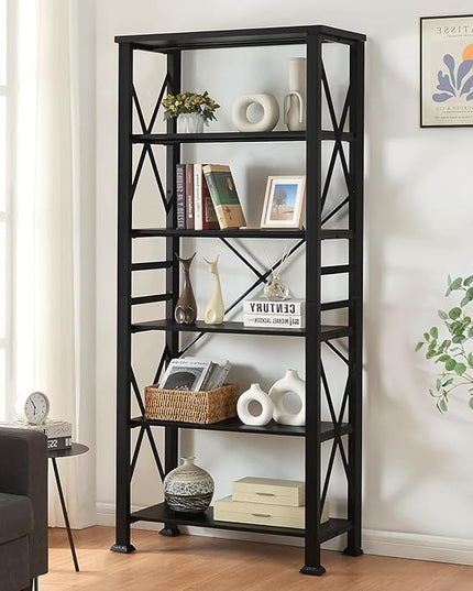 HOMBAZAAR Bookshelf, 6-Tier Industrial Bookshelf, Etagere Bookcases and Bookshelves, Tall Bookshelf Storage Organizer, Freestanding Bookshelf for Living Room, Bedroom and Home Office，Black - LeafyLoom