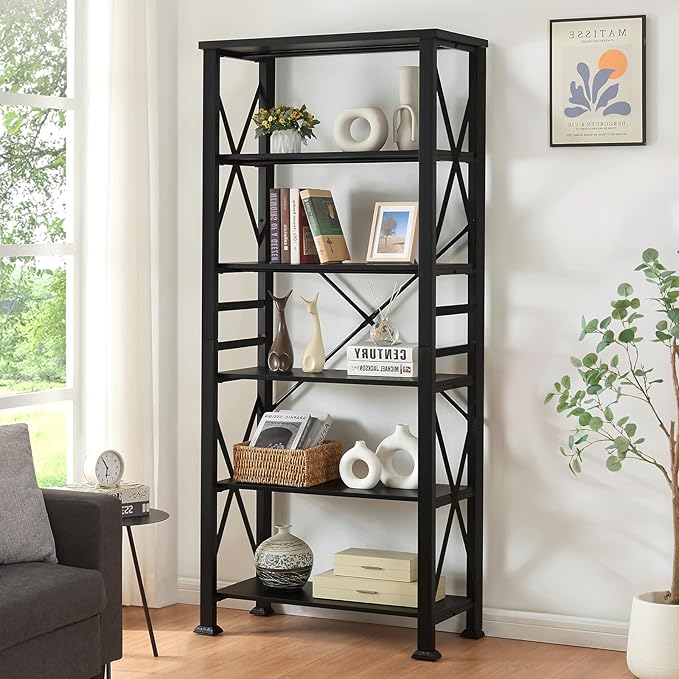 HOMBAZAAR Bookshelf, 6-Tier Industrial Bookshelf, Etagere Bookcases and Bookshelves, Tall Bookshelf Storage Organizer, Freestanding Bookshelf for Living Room, Bedroom and Home Office，Black - LeafyLoom