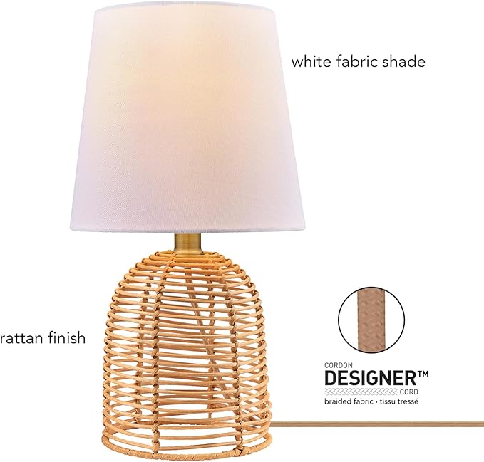 Globe Electric 61000047 14" Table Lamp, Rattan Base, White Linen Shade, On/Off Rotary Switch on Socket, Table Lamp for Living Room, Home Décor, Lamps for Bedroom, Home Improvements, Room Décor - LeafyLoom