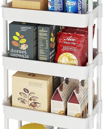 5-Tier Storage Cart,Multifunction Utility Rolling Cart Kitchen Storage Organizer,Mobile Shelving Unit Cart with Lockable Wheels for Bathroom,Laundry,with Classified Stickers,White - LeafyLoom