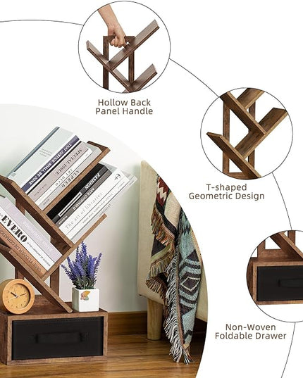 Small Bookshelf with Drawer,4 Tier Tree Book Shelf,Wood Desk Bookshelves,Modern Free Standing Desktop Display Shelves,Brown Floor Standing Organizer Bookcase for Living Room,Bedroom,Office - LeafyLoom