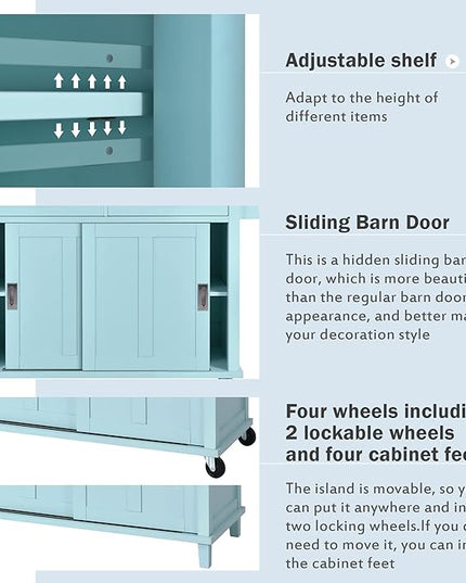 Cart with Rubber Wood Drop-Leaf Countertop and Sliding Barn Door, Rolling Mobile Island on Wheels w/Storage and Towel Rack for Dining Room Kitchen, Mint Green, 52.2 Inch - LeafyLoom