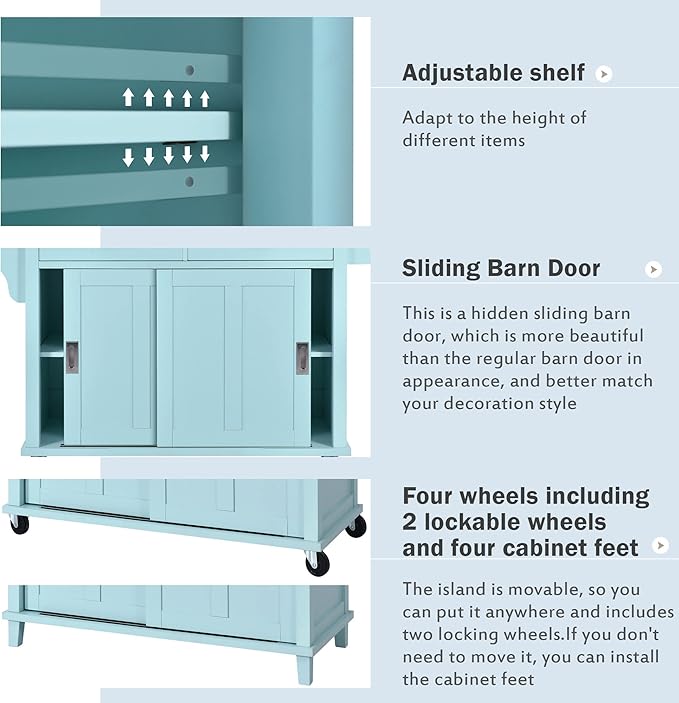 Cart with Rubber Wood Drop-Leaf Countertop and Sliding Barn Door, Rolling Mobile Island on Wheels w/Storage and Towel Rack for Dining Room Kitchen, Mint Green, 52.2 Inch - LeafyLoom