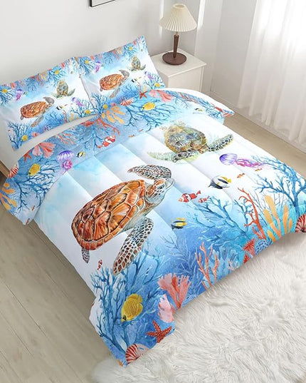 CVHOUSE Sea Turtle Comforter Set,Ocean Watercolor Sea Turtle Bedding Set for Kids Teens,Ocean Sea Turtle Comforter Sea Turtle Duvet Set Room Decor Quilt Set Twin Size - LeafyLoom
