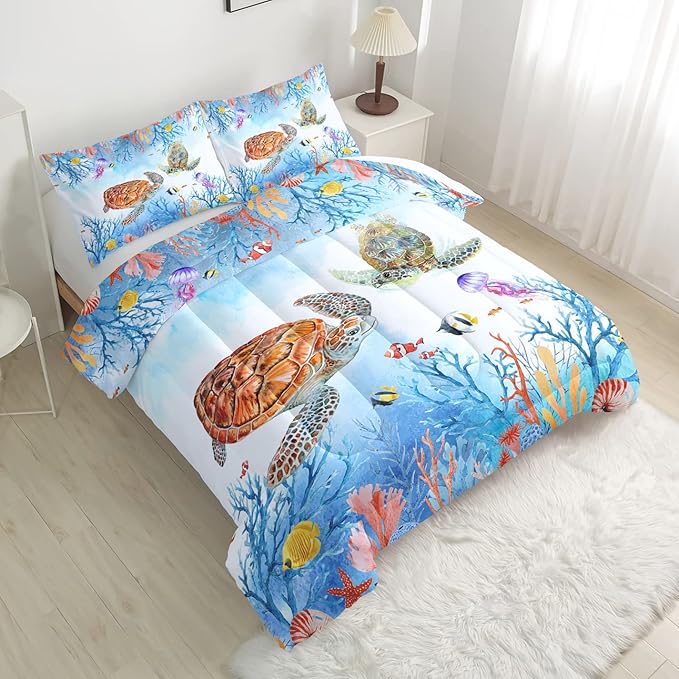 CVHOUSE Sea Turtle Comforter Set,Ocean Watercolor Sea Turtle Bedding Set for Kids Teens,Ocean Sea Turtle Comforter Sea Turtle Duvet Set Room Decor Quilt Set Full Size - LeafyLoom
