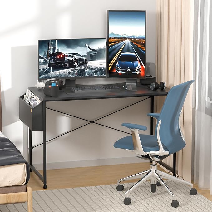 MoNiBloom Computer Desk 47", Simple Style Home Gaming Desk with Storage Bag, Office Writing Workstation- Black - LeafyLoom