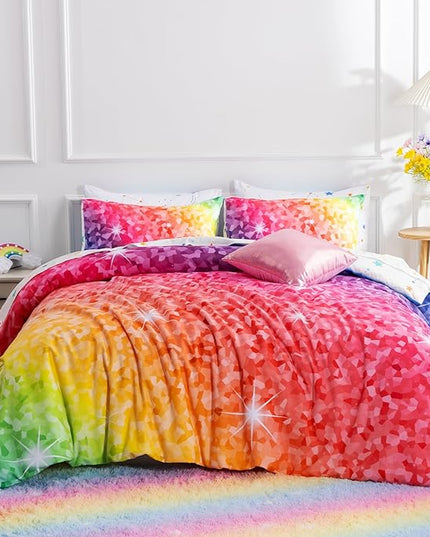 A Nice Night 6Pcs Gradient Abstract Art Grid Mosaic Geometric Bedding Set for Girls, Colorful Rainbow Galaxy Comforter Set, Ultra Soft Bedding Sets (PinkYellow,Twin 6Pcs) - LeafyLoom