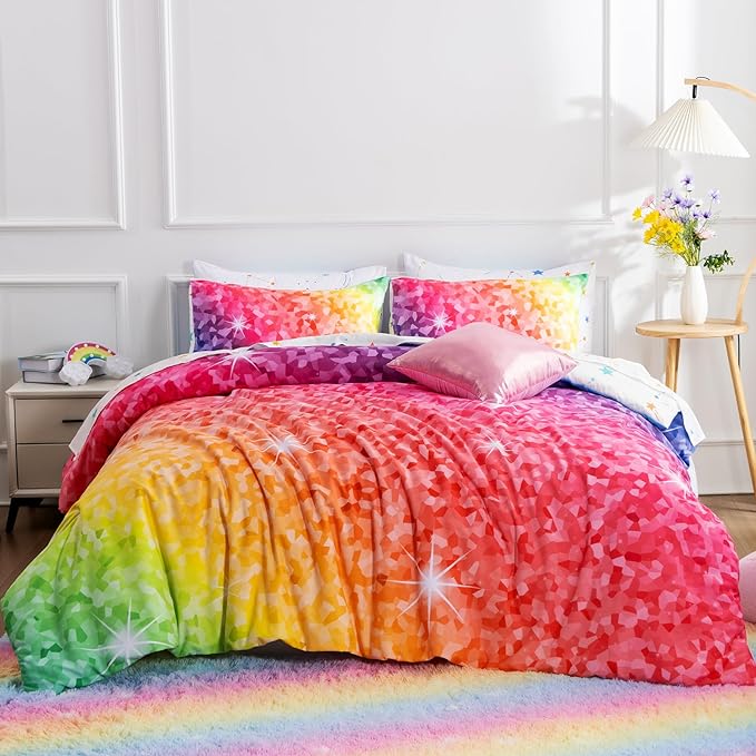 A Nice Night 6Pcs Gradient Abstract Art Grid Mosaic Geometric Bedding Set for Girls, Colorful Rainbow Galaxy Comforter Set, Ultra Soft Bedding Sets (PinkYellow,Full 6Pcs) - LeafyLoom