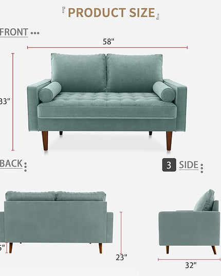 Velvet Furniture for Small Spaces, Mid-Century Modern Loveseats for Living Room, Love Seat Couch Sofas, 58 Inches, Aqua Turquoise - LeafyLoom