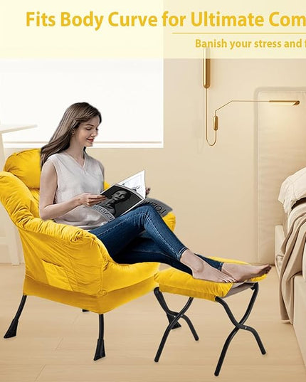 Lazy Chair with Folding Ottoman, Accent Chair Velvet Upholstered with Metal Structure and Non-Slip Pads, Sofa Armchair with Footrest and Side Storage Bag for Dorm, Room, Office, Yellow - LeafyLoom