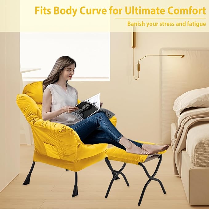 Lazy Chair with Folding Ottoman, Accent Chair Velvet Upholstered with Metal Structure and Non-Slip Pads, Sofa Armchair with Footrest and Side Storage Bag for Dorm, Room, Office, Yellow - LeafyLoom
