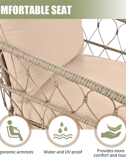 Merax Outdoor Patio Furniture Sets, Bohemia-Inspired Wicker Conversation Seating Group, with Soft Cushions and Wood Tabletop, 4 PCS, Beige - LeafyLoom