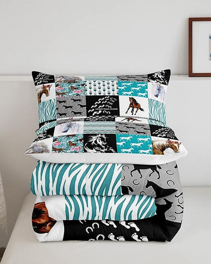 Horse Bedding,Western Farmhouse Horse Comforter Set For Girls Full Bed,Boho Arrow Teal Zebra Stripe Comforter For Kids Boys Women,Rose Flower Rustic Cowboy Quilt Duvet sets 2 Pillowcases Black White - LeafyLoom