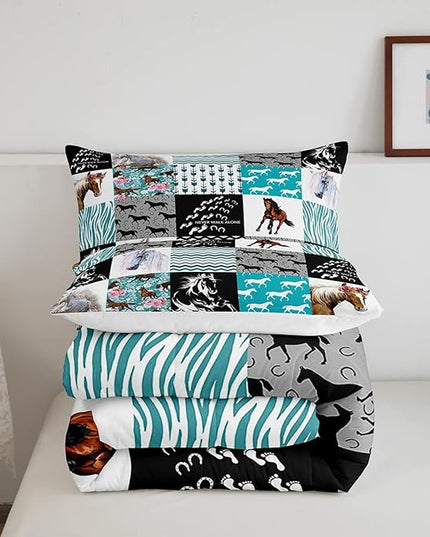 Horse Bedding,Western Farmhouse Horse Comforter Set For Girls Twin Bed,Boho Arrow Teal Zebra Stripe Comforter For Kids Boys Women,Rose Flower Rustic Cowboy Quilt Duvet sets 1 Pillowcases Black White - LeafyLoom
