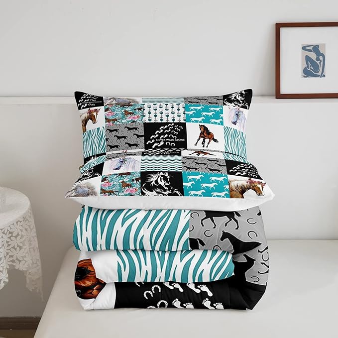 Horse Bedding,Western Farmhouse Horse Comforter Set For Girls Twin Bed,Boho Arrow Teal Zebra Stripe Comforter For Kids Boys Women,Rose Flower Rustic Cowboy Quilt Duvet sets 1 Pillowcases Black White - LeafyLoom