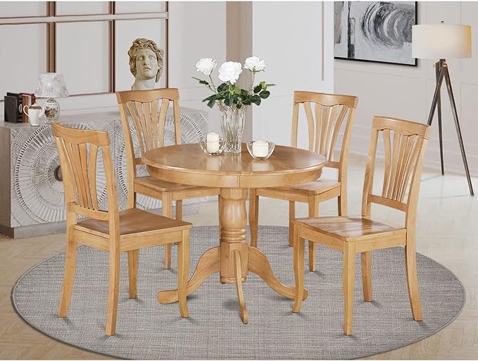 East West Furniture ANAV5-OAK-W 5 Piece Room Set Includes a Round Kitchen Table with Pedestal and 4 Dining Chairs, 36x36 Inch - LeafyLoom