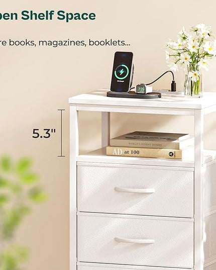 Nightstands Set of 2, 27.6 Inch End Tables with Charging Station, Side Tables with Drawers, PU Leather Finish, Bedside Tables with USB Port and Outlet, Night Stands for Bedroom, white - LeafyLoom