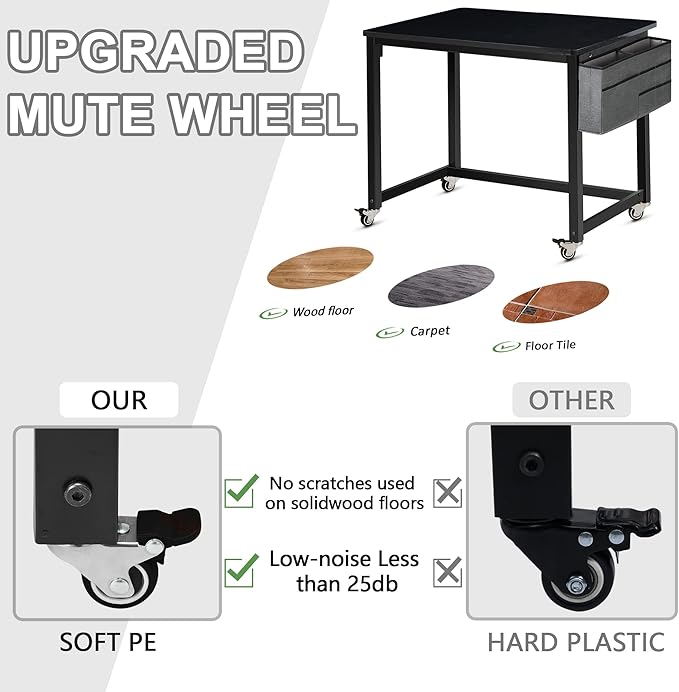 AHB Rolling Computer Desk with 4 Smooth Wheels, Simple Style Mobile Writing Desk Home Office Study Table Movable Workstation with Metal Frame (Black, 32") - LeafyLoom