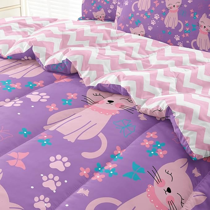 5 Piece Girls Cat Comforter Set Full Size Bed in A Bag Pink Cute Cartoon Cats Bedding Set for Kids Teens (1 Comforter, 1 Flat Sheet, 1 Fitted Sheet, 2 Pillowcases), Purple Pink - LeafyLoom