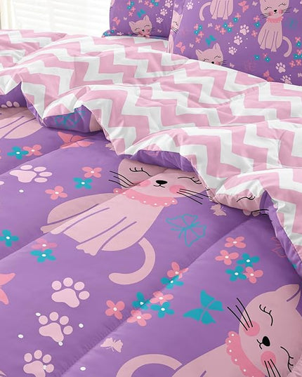 5 Piece Girls Cat Comforter Set Twin Size Bed in A Bag Pink Cute Cartoon Cats Bedding Set for Kids Teens (1 Comforter, 1 Flat Sheet, 1 Fitted Sheet, 2 Pillowcases), Purple Pink - LeafyLoom