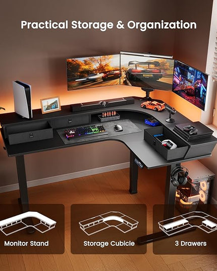 ErGear 65″ L Shaped Gaming Desk with 3 Drawers, Standing Desk Height Adjustable w/Monitor Shelf [C-Clamp Mount Compatible], Corner Stand up Desk w/Cable Management Trays for Home Office, Black - LeafyLoom