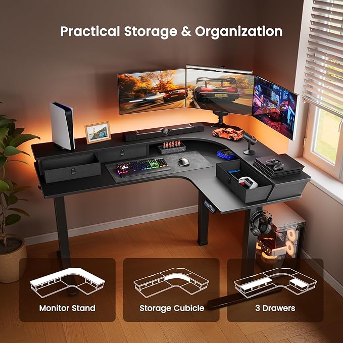 ErGear 65″ L Shaped Gaming Desk with 3 Drawers, Standing Desk Height Adjustable w/Monitor Shelf [C-Clamp Mount Compatible], Corner Stand up Desk w/Cable Management Trays for Home Office, Black - LeafyLoom