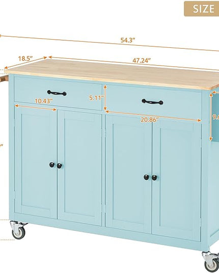 Kitchen Island Cart with Solid Wood Top, Mobile Kitchens Carts with Storage Cabinet, Rolling Kitchen Table w/Spice Rack, Towel Rack, and Drawer, Portable Islands on Wheels for Bar - LeafyLoom
