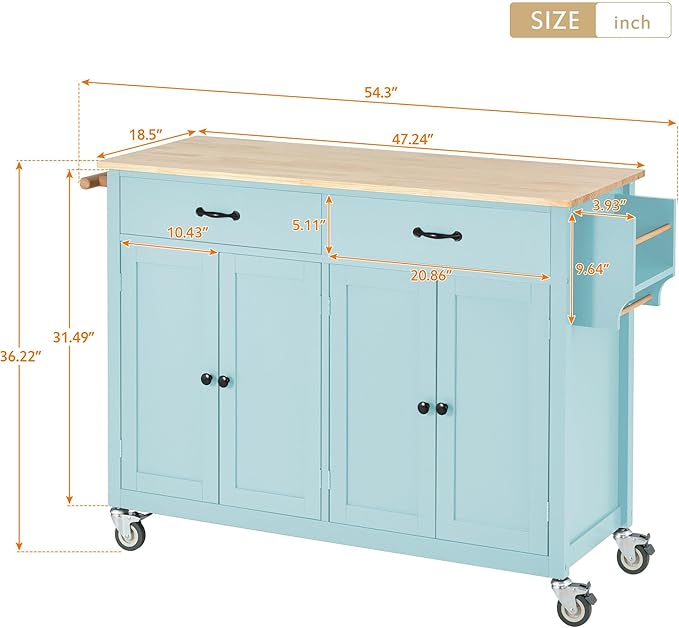 Kitchen Island Cart with Solid Wood Top, Mobile Kitchens Carts with Storage Cabinet, Rolling Kitchen Table w/Spice Rack, Towel Rack, and Drawer, Portable Islands on Wheels for Bar - LeafyLoom