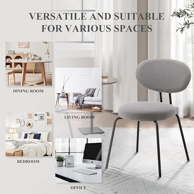COLAMY Modern Fabric Dining Chairs Set of 2, Mid Centry Upholstered Dining Room Kitchen Chairs with Curved Backrest, Round Seat, Black Metal Legs, Grey - LeafyLoom