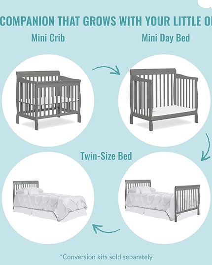 Aden 4-in-1 Convertible Mini Crib In Steel Grey, Greenguard Gold Certified, Non-Toxic Finish, New Zealand Pinewood, With 3 Mattress Height Settings - LeafyLoom