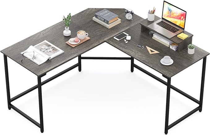 Elephance 59" Large L Shaped Desk Corner Computer Desk with Monitor Stand Gaming Table Workstation for Home Office, Black Oak - LeafyLoom