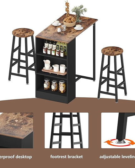 sogesfurniture 3-Piece Bar Table Set, 35.8inches Dining Room Set Dining Table with 2 Stool, Dining Table with 3 Open Storage Shelves for Dining Room, Living Room, Brown - LeafyLoom