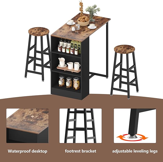 sogesfurniture 3-Piece Bar Table Set, 35.8inches Dining Room Set Dining Table with 2 Stool, Dining Table with 3 Open Storage Shelves for Dining Room, Living Room, Brown - LeafyLoom