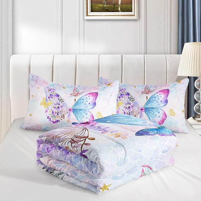 Datura home Butterfly Comforter Set Scales Butterfly Printed Quilt Bedding Set with 1 Comforter and 2 Pillowcases for Boys and Girls Bedroom All Season(Butterfly Scales Queen) - LeafyLoom