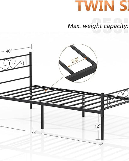 VECELO Twin Size Bed Frame with Headboard, 14 Inch Metal Platform Mattress Foundation, No Boxing Spring Needed, Squeak Resistant, Easy Assembly, Matte Black - LeafyLoom