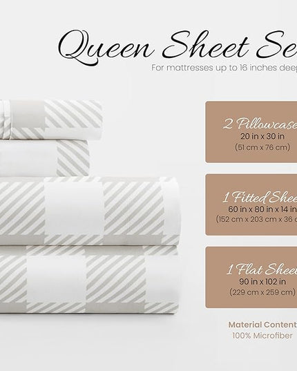 Linen Market 4 Piece Queen Bedding Sheet Set (Light Gray Plaid) - Sleep Better Than Ever with These Ultra-Soft & Cooling Bed Sheets for Your Queen Size Bed - Deep Pocket Fits 16" Mattress - LeafyLoom